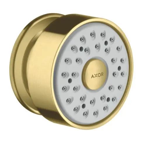 Runde Duschkopf mit mehreren Düsen in gebürstetem Messing-Finish, fast flach und aus der Axor-Serie von Hansgrohe, in einem minimalistischen, funktionalen Design.